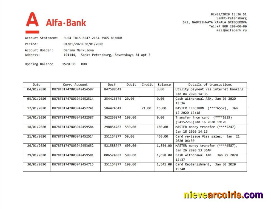 Russia Alfa bank proof of address statement in Word and PDF format